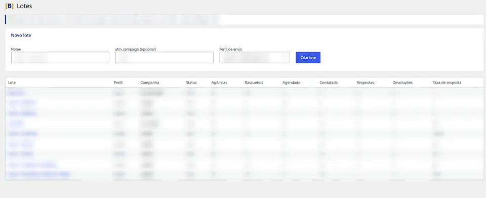 The [B] Lotes screen with the form to create a batch and the batch table, with the data blurred