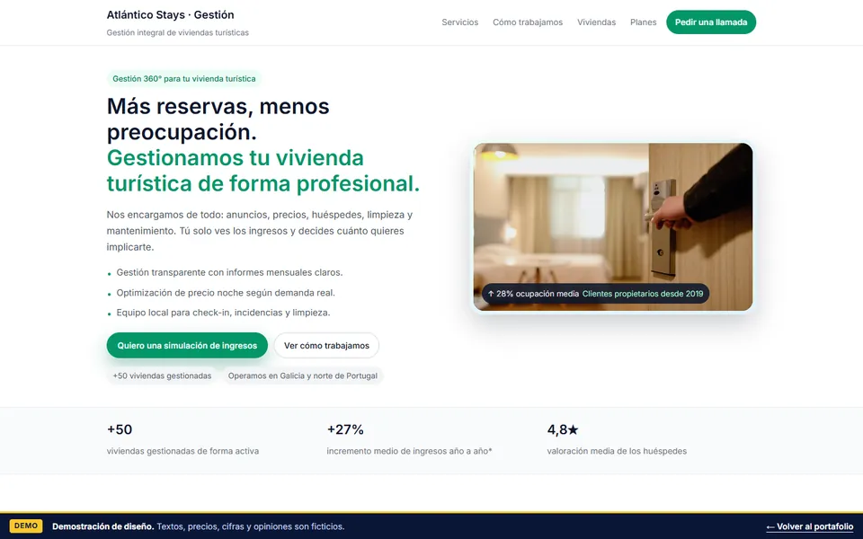 Home page of the Atlántico Stays demo