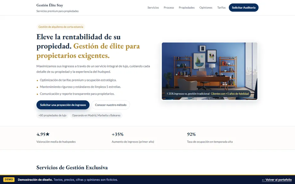 Home page of the Gestión Élite Stay demo